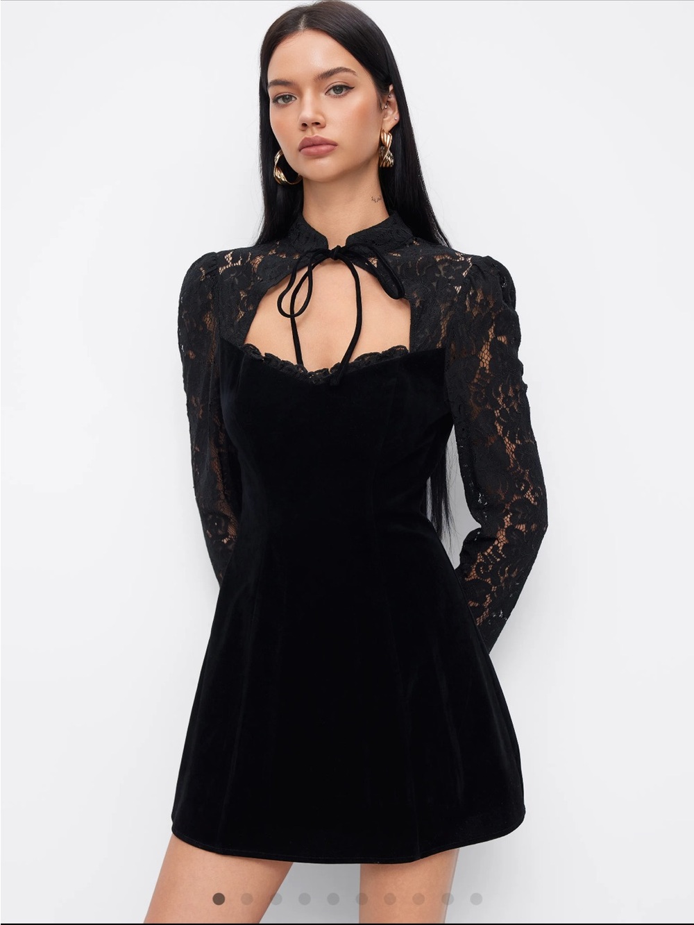 Cider Black Velvet Lace-Accent Mini Dress with Tie Neck